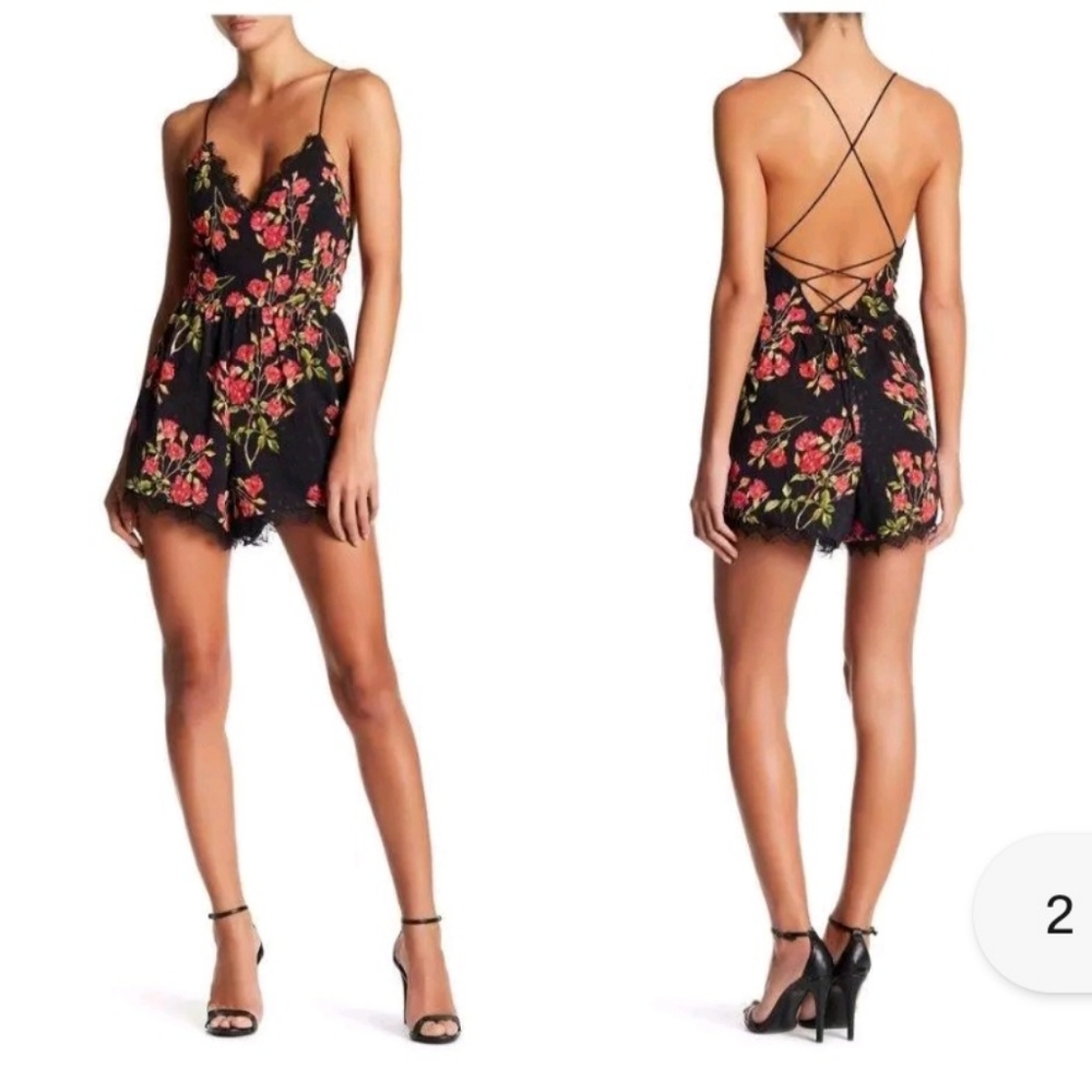 NBD Floral Sleeveless Romper Lace up Back Red Lace Jumper $158 XS Designer EUC